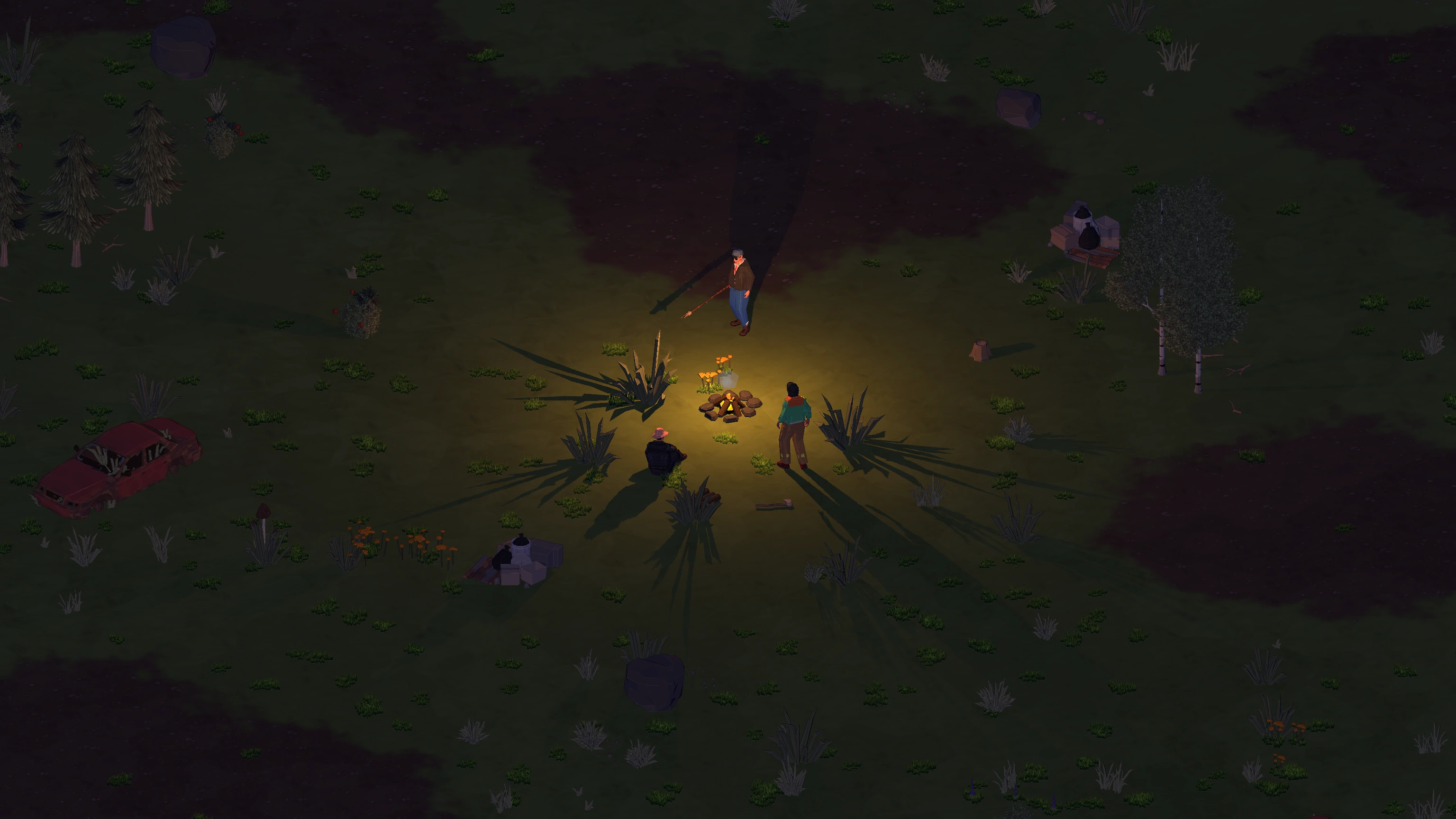 Survivors sharing a quiet moment around the campfire