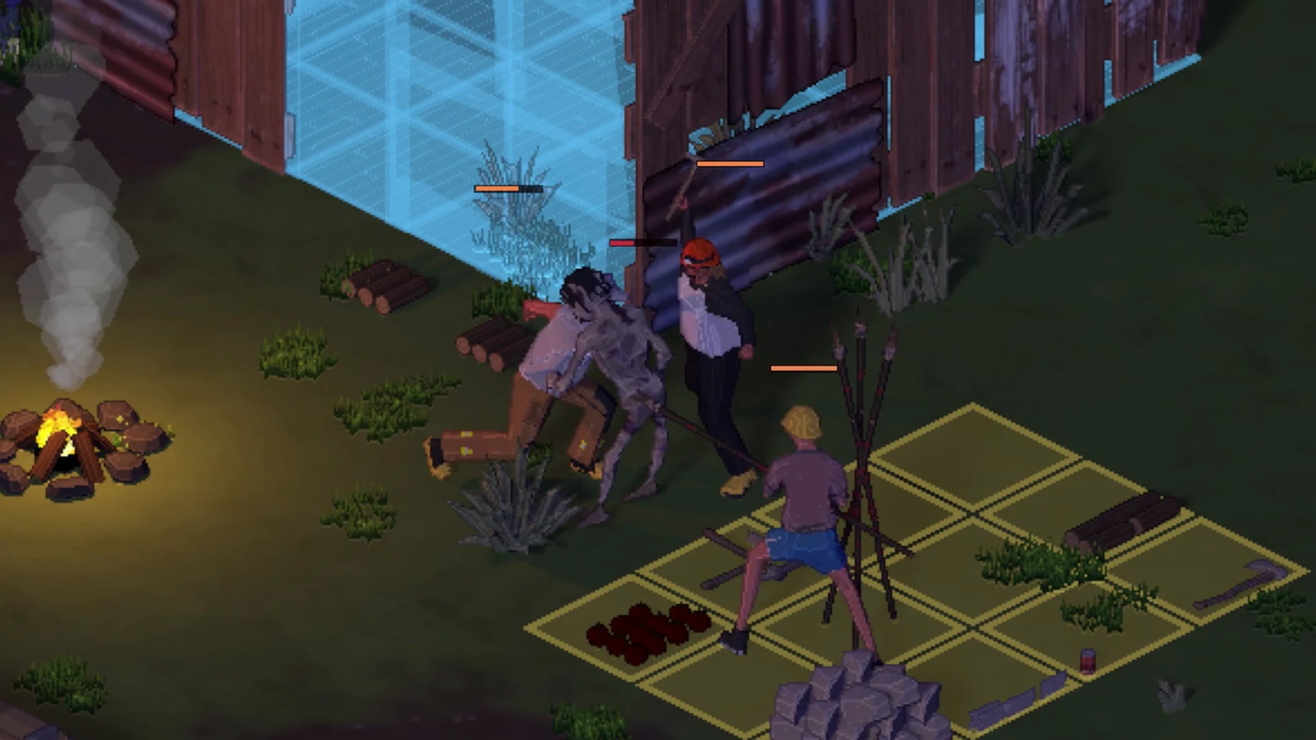 Survivors fighting a zombie at close range by their shelter