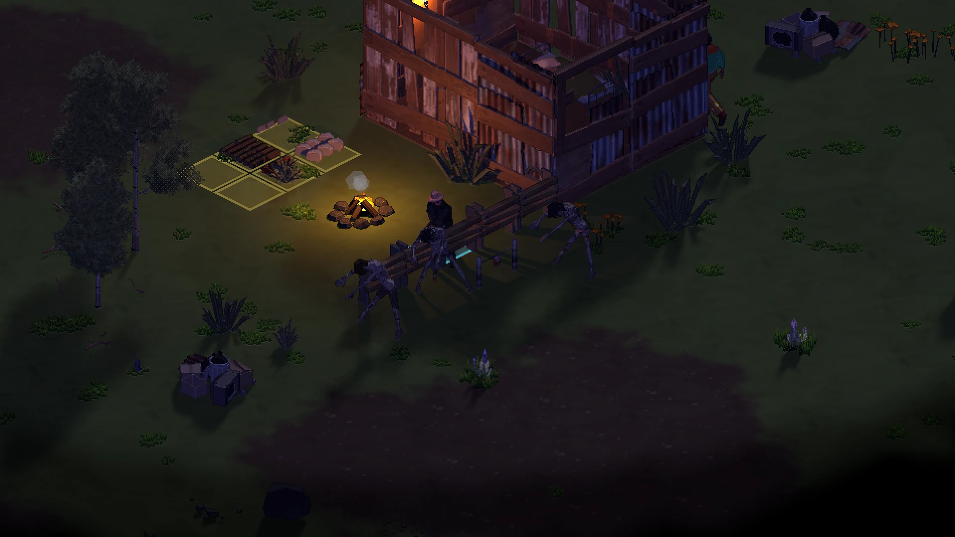 Zombies closing in on a wooden barricade by the campfire