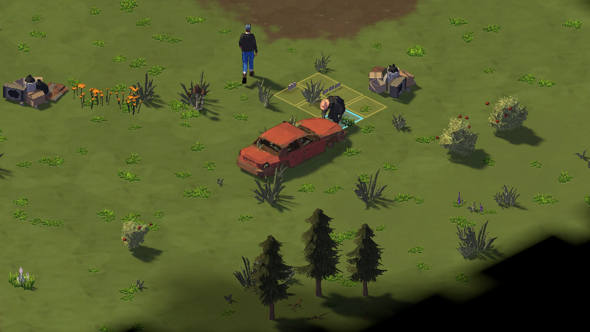 A survivor searching a rusted car for supplies